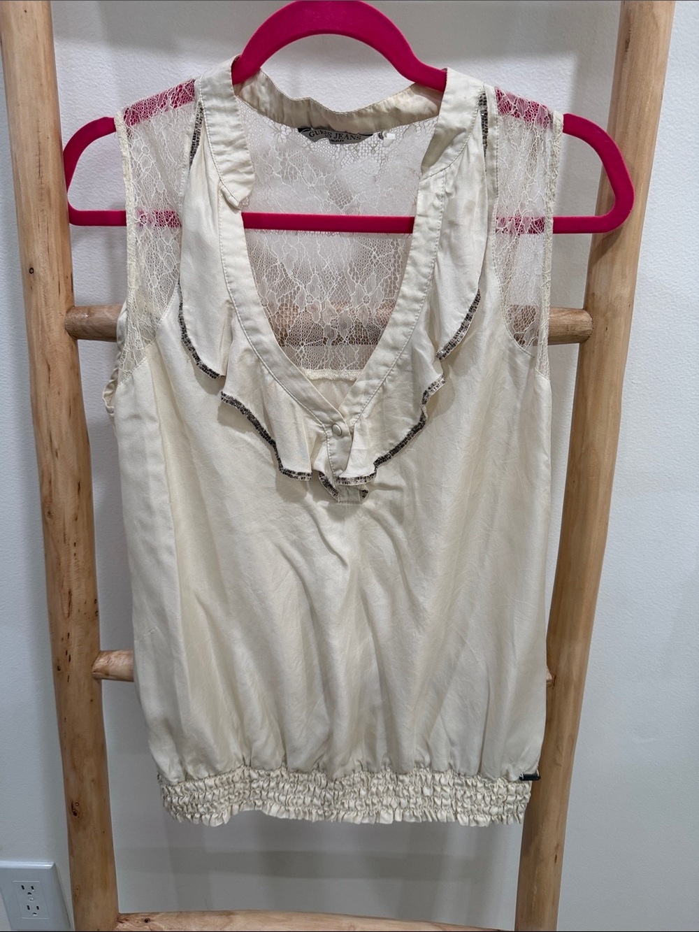 Guess Cream Lace-Trim Ruffle Sleeveless Top